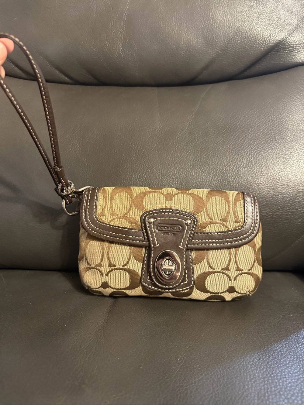 Coach Khaki & Brown Signature Canvas Wristlet with Turn-Lock